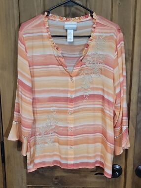 Alfred Dunner Women's Peach Striped Button-Front Blouse